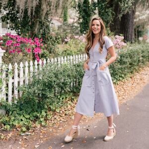 NEW Gal Meets Glam Blue Vanessa Button Front Linen Blend‎ Midi Dress Size 18